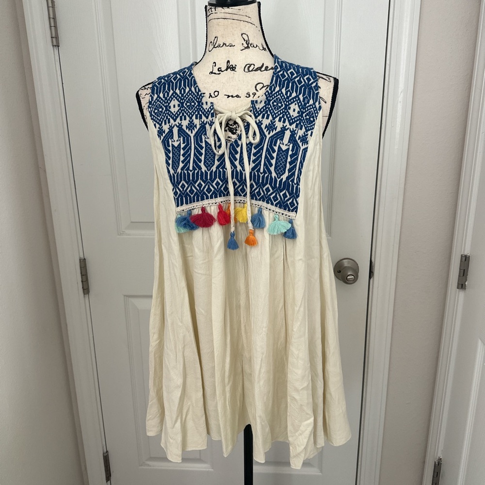 Judith March Cream Dress with Blue Embroidered Yoke and Colorful Tassels